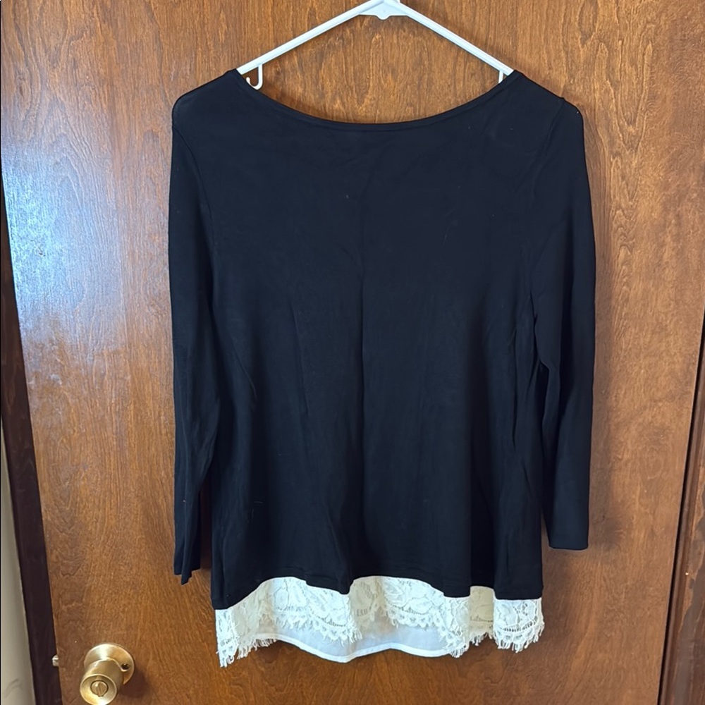 White House Black Market Black Sweater with Lace Trim